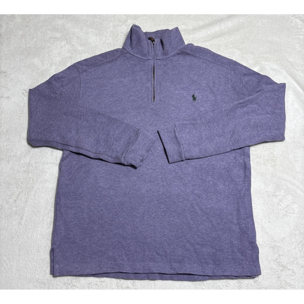 Polo Ralph Lauren Sweater Mens XL Purple 1/4 Zip Black Logo Pony Leather Pull